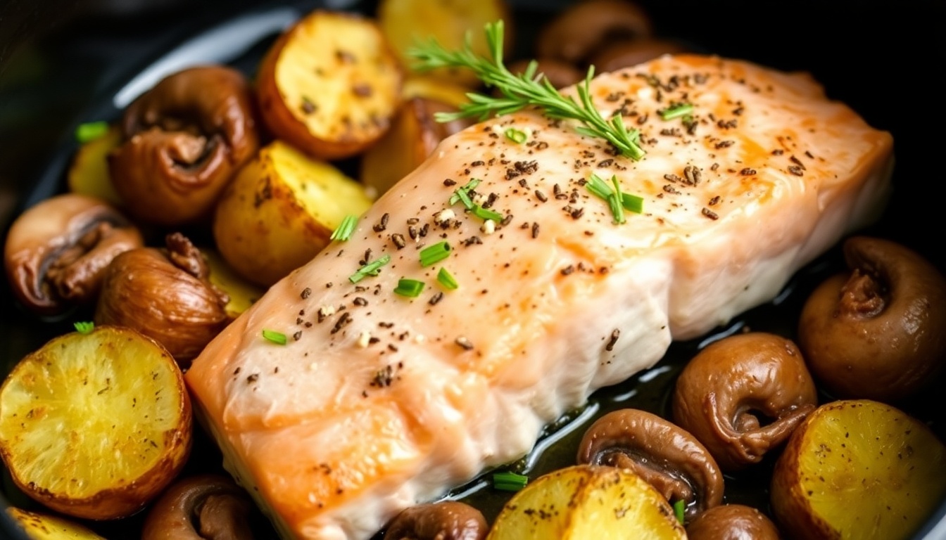 Air Fryer Salmon with Roasted Potatoes and Mushrooms